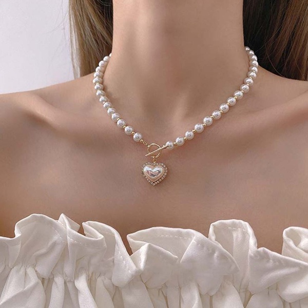 kalung mutiara hati sweet simple pearl love necklace jka242(3E2)