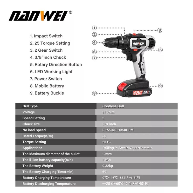 NANWEI power tools two battery rechargeable drill Mini 21V Lithium battery drill double speed Cordless drill