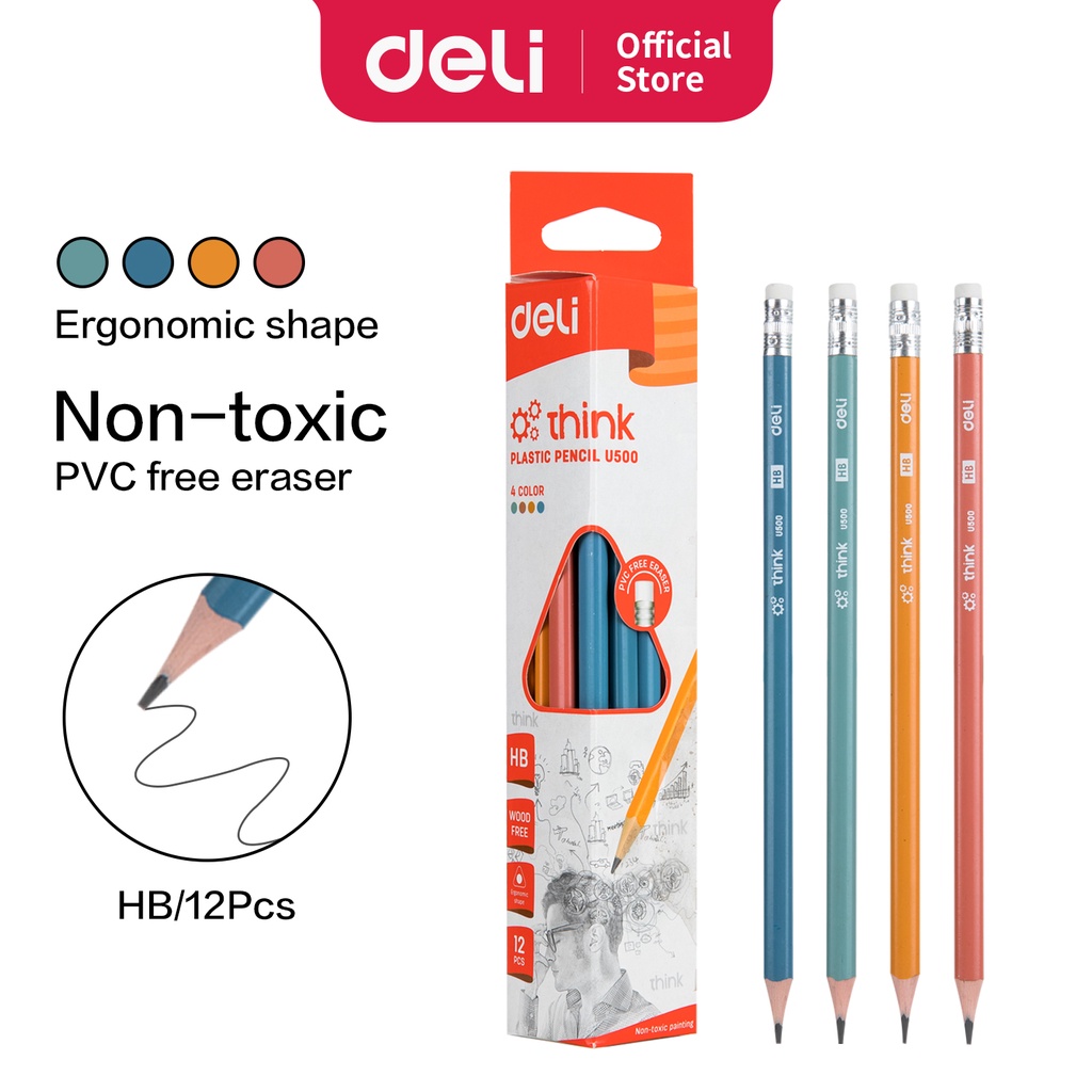 

Deli Pensil Plastik HB 12PCS Kotak, dengan Ujung Penghapus, Bentuk Segitiga EU50000