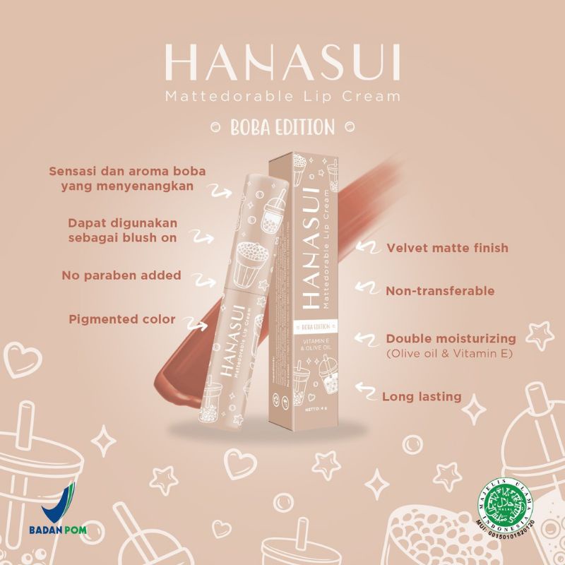 [Per Batang] Lipcream Hanasui BOBA Edition Original BPOM