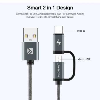 Kabel Casan Type C Charger 2 in 1 Micro USB+USB Type C QC3.0 2.8 A 100 cm