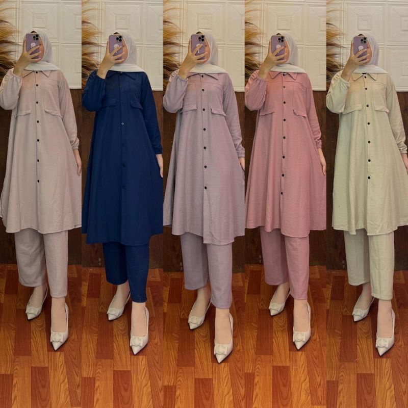 one set wanita kaos knit premium polos long tunik