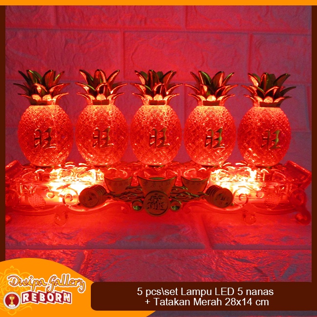 Lampu Sembahyang Altar Merah LED 5 Nanas + Tatakan (28x14 cm)