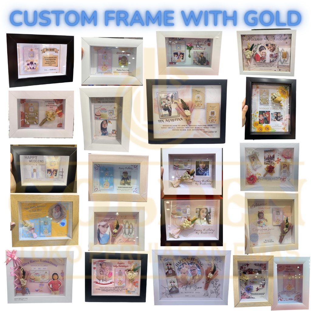 HAMPERS Gift CUSTOM Bingkai FRAME Mahar 3D  (TIDAK TERMASUK EMAS) Minigold / Hadiah / Kado Mahar variasi Minigold / Design Frame Birthday Wedding Newborn Baby Boy Girl Graduation