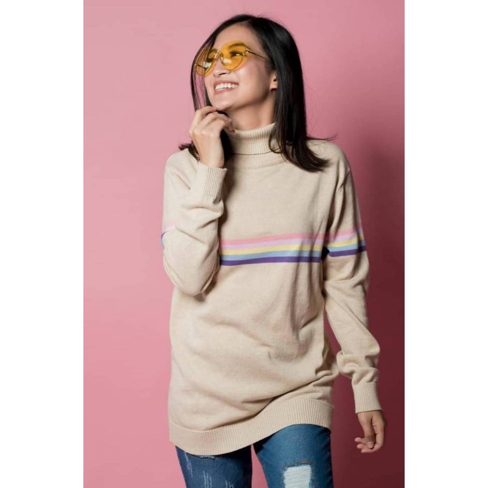 Atasan Wanita Rajut Halus Turtleneck Rainbow