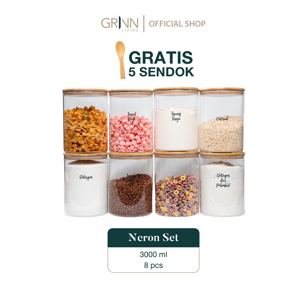 GRINN LIVING  SET PAKET Neron glass Bamboo jar 3000 ml toples tutup bambu kayu / tempat beras