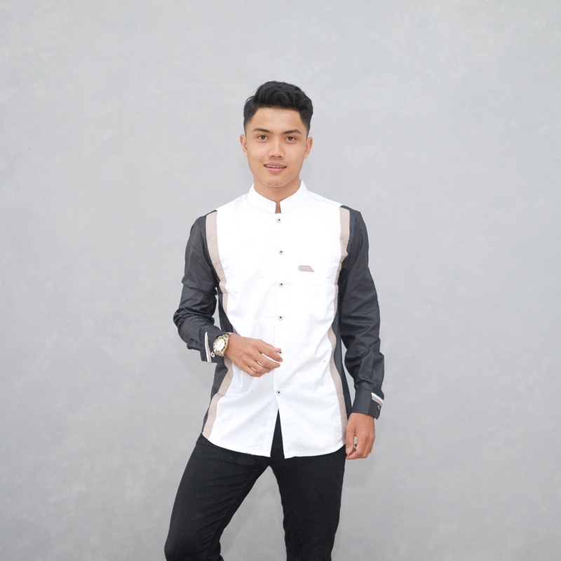 Baju Koko Pria Lengan Panjang Motif Koboy Warna Putih Premium Kombinasi Hitam List crem Original