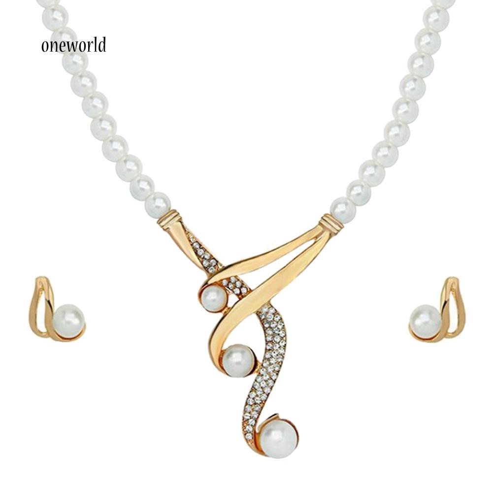 OW✪Hook Shape Pendant Faux Pearl Beaded Necklace Earrings Bridal Party Jewelry Set