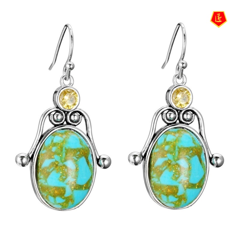 [Ready Stock]Inlaid Yellow Diamond Oval Turquoise Earrings Elegant Graceful