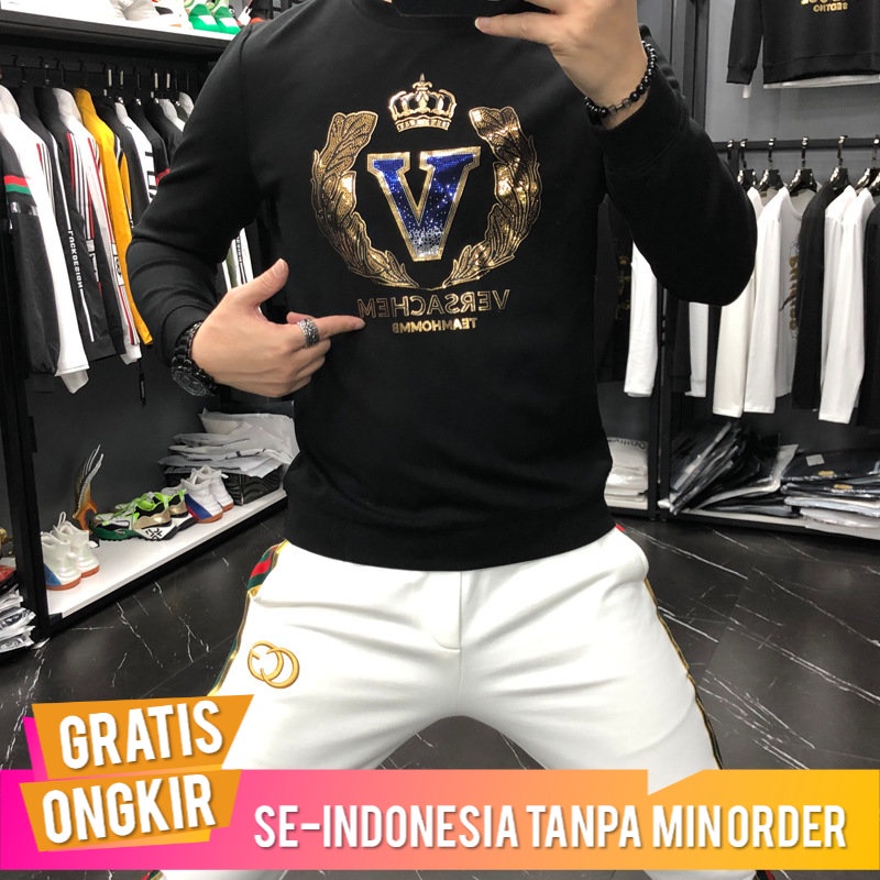Kaos Pria Stasiun Pria Sweater Fashion  Payet  Musim ngin Kapas Tebal Populer Slim Lengan Panjang To