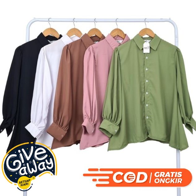 KEMEJA LENGAN BALON WANITA || ATASAN KEMEJA BLOUSE CASUAL WANITA CASUAL OVERSIZE POLOS AUDRY AUDREY - BAHAN WOLFIS