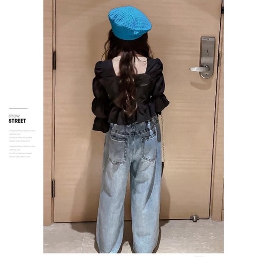 [meandboss] SSP24- Setelan Set Anak Besar Teenager Remaja Perempuan Puffy Blouse + Jeans Straight Cut
