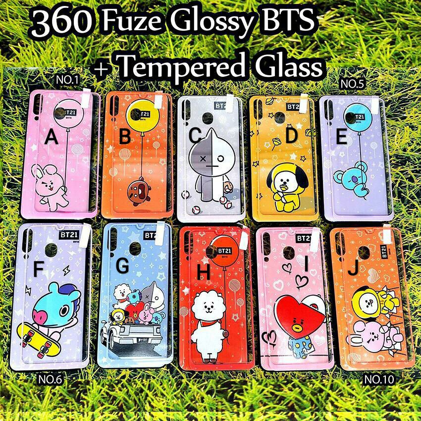 Case + tempered glass Samsung J2 prime Grand prime A2 core M30 A40s Fuze Uv BTS BT21 KPOP kartun