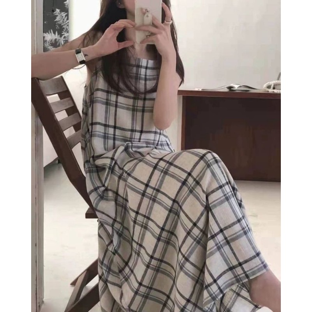 MDLV ~ 0290# Cadenza Plaid Camisole Dress Maxi Kotak Korea Import