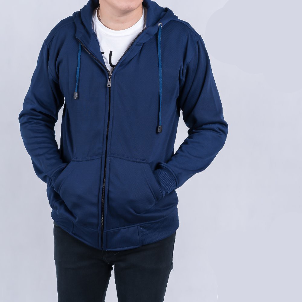 Jaket Polos Pria Cowok Hoodie Sleting Biru Dongker Blue Navy