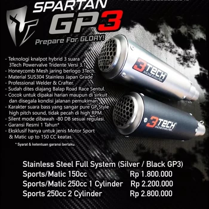 ssm-98 Knalpot 3tech Spartan GP3 (Motor 150cc)Hybrid Fullsistem