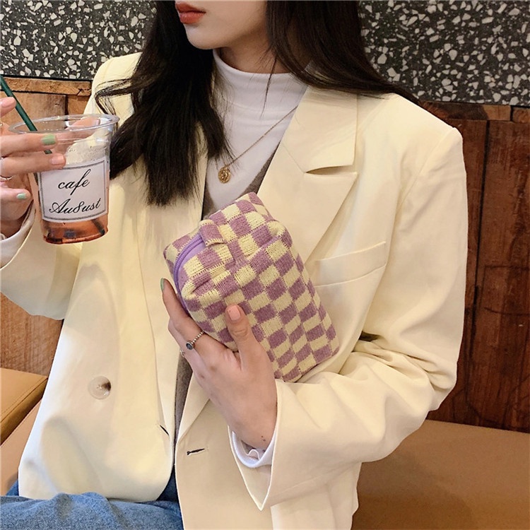 KOREAN CHECKERBOARD KNITTED MAKE UP BAG / POUCH KOSMETIK / TAS MAKE UP BAG / KOTAK PENSIL KOREA