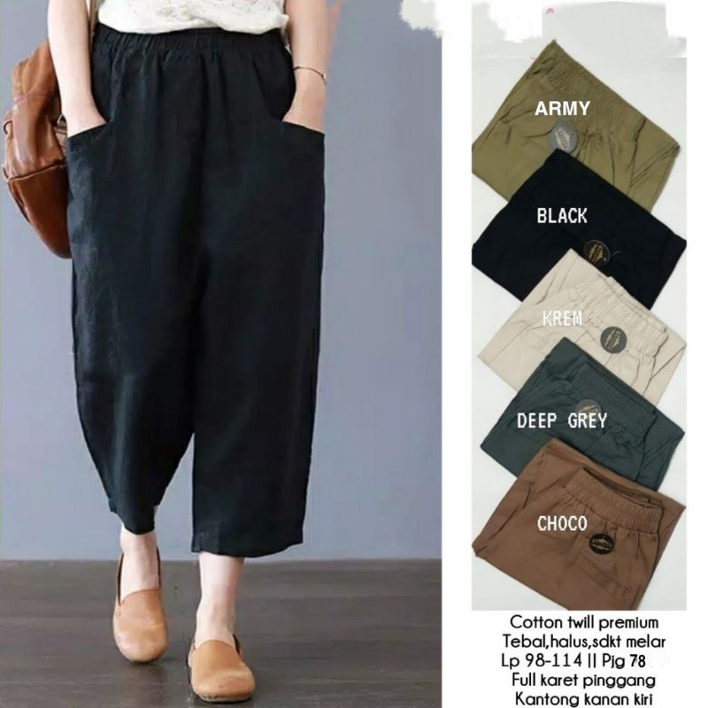 CELANA WANITA JUMBO PINGGANG KARET - SASHA CROP PANTS / CELANA KUREA TERBARU SASHA PANTS WILLOW PANTS / CELANA BAHAN TWILL STRET IMPORT / Qaisara Uniqloo Pant Korean Cotton Twill Import Premium