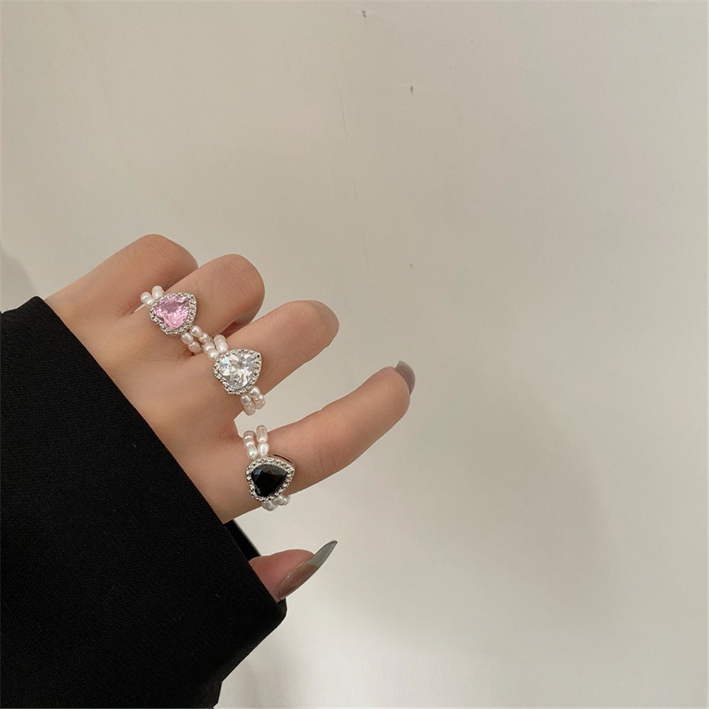 Cincin Elastis Adjustable Bentuk Hati Aksen Berlian Imitasi Untuk Wanita