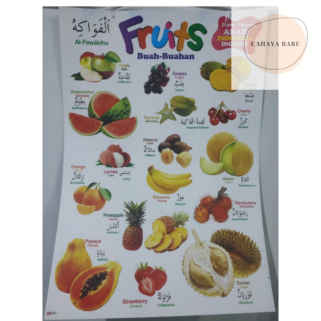 

Poster Edukasi Anak Mengenal Jenis Buah 3 Bahasa (Indonesia, Inggris, Arab)