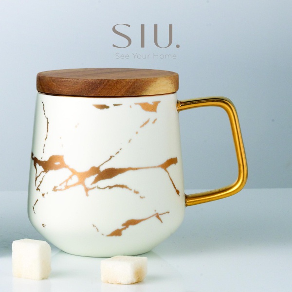 Marble Mug Wooden Lid – Mug Kopi Motif Marmer dengan Handle Kayu