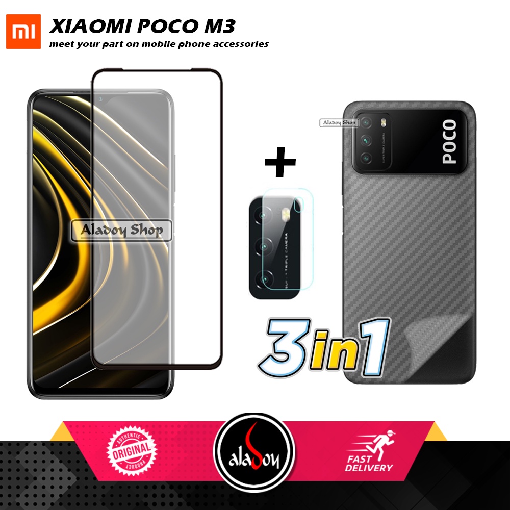 PAKET 3 IN 1 Tempered Glass Layar Xaiomi Poco M3 2020 Free Tempered Glass Camera dan Skin Carbon