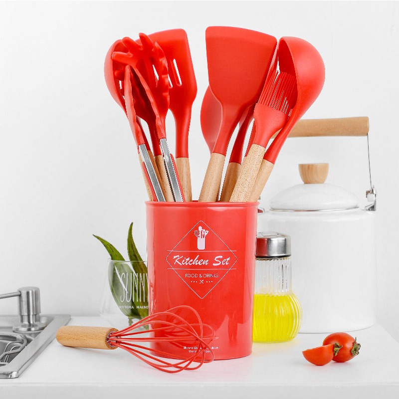 Silicone Utensil Set isi 12pcs Spatula Silicone Set BPA Free + Wadah + Alas Sendok