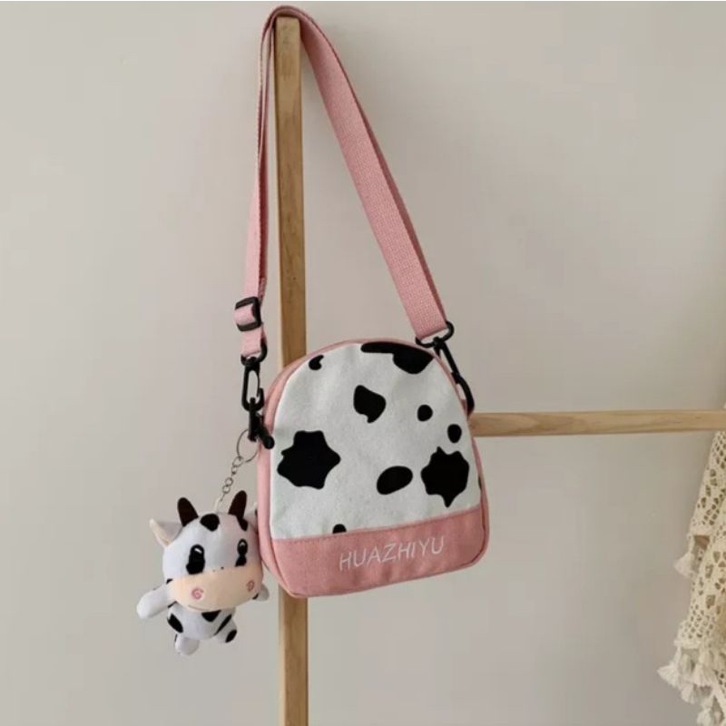 HDS_BAG / HUAZHYU Tas Slempang Wanita Slingbag Tas Selempang Bahu Kanvas Wanita Tas slempang Wanita motif Cow