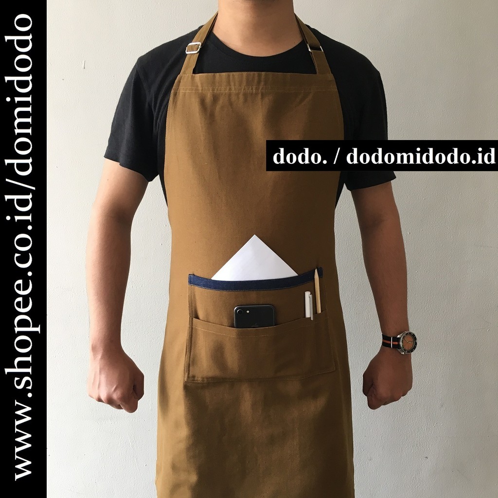 Celemek Apron Barista Handmade - Apron Tali Leher - Premium Canvas - Coklat Tua