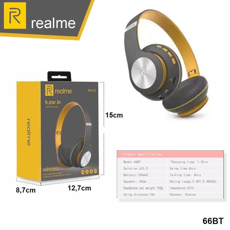 HEADPHONE BLUETOOTH REALME WIRELESS 66 BT LED/ HEADSET BLUETOOTH REALME RMA 66BT