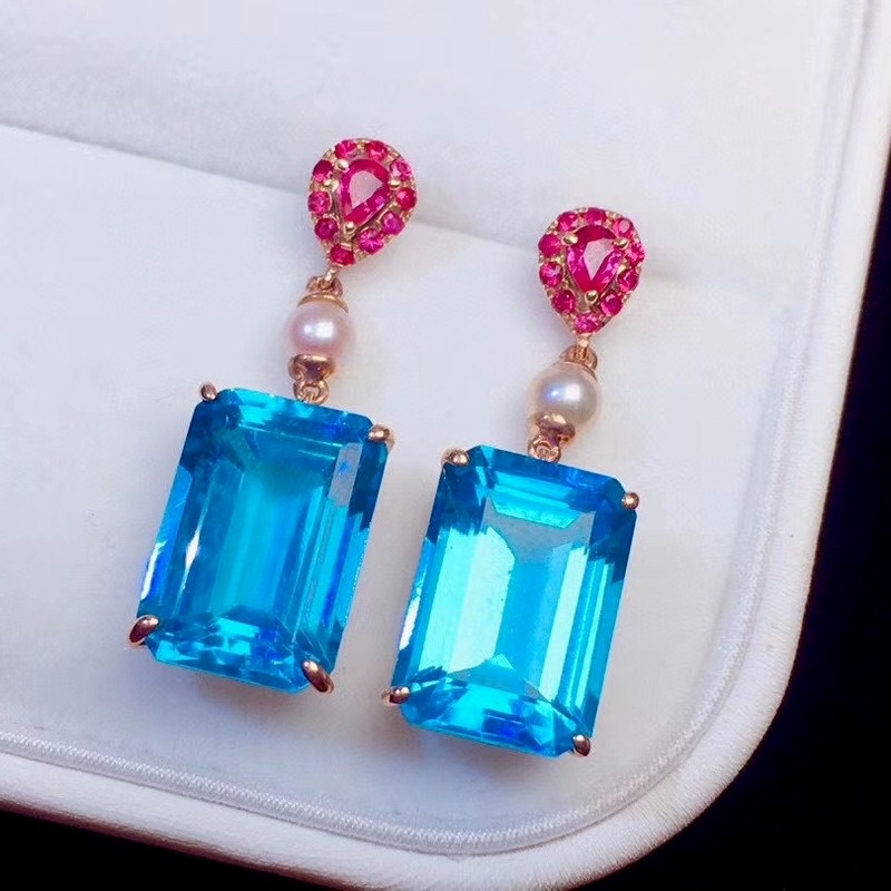 Anting Sapphire Bentuk Persegi Gaya Elegan