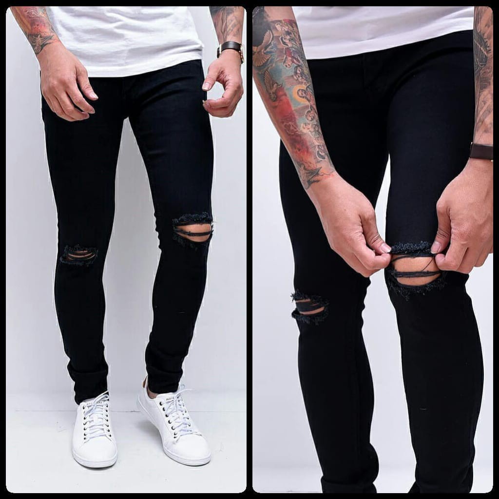 CELANA PANJANG SEMI SOFTJEANS PRIA SKINNY HITAM SOBEK LUTUT RIPPED JEANS STREET MELAR MURAH FASHION PRIA CELANA PRIA STRET CELANA PANJANG PRIA