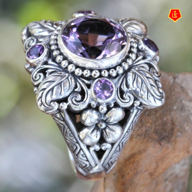 [Ready Stock]Luxury Natural Amethyst Ring 925 Vintage Silver