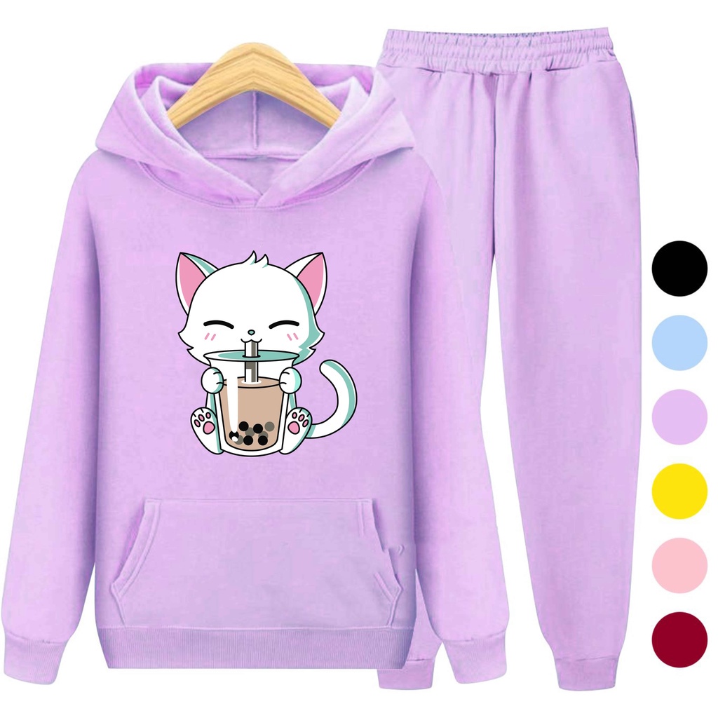 Setelan Anak Sweater Hoodie BOBA CAT / Set Sweater Anak - Remaja Size S (3-5 Thn) M (5-7 Thn) XL(9-12 thn) XXL (13 + thn)