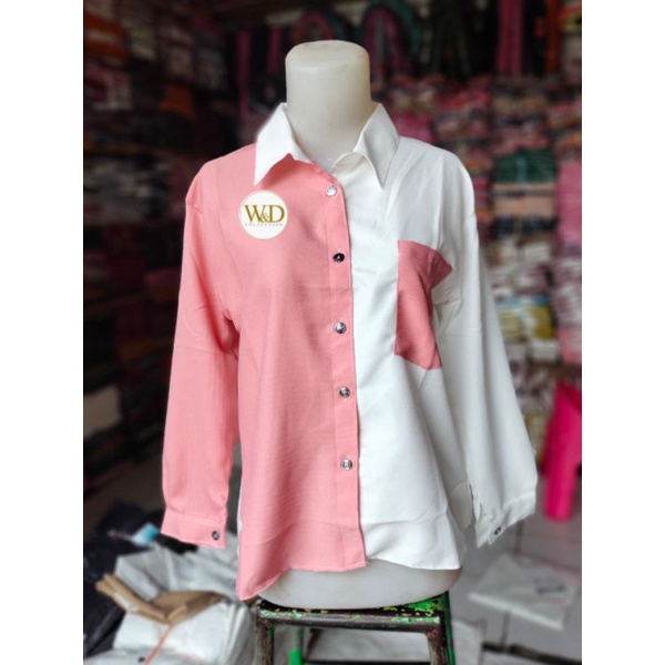 Kemeja Wanita Polos Casual Blouse Basic Kombinasi Warna Lengan Panjang Kekinian  Moscrepe-Peach kombi 84