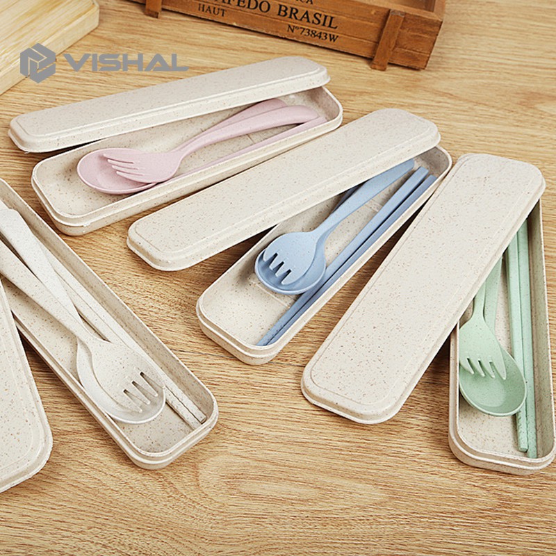 VISHAL 4 pcs Wheat straw Travel Cutlery Set Portabel Alat Makan Sendok Garpu Sumpit Chopsticks VS-23