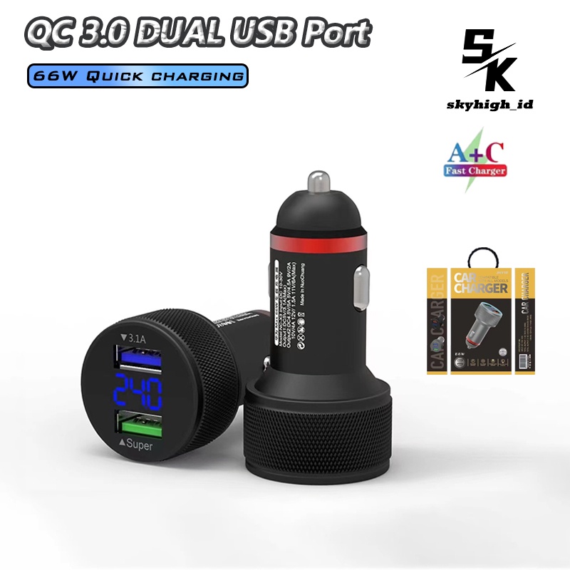 【CC014】[GROSIR/COD] Skyhigh JHY12 Tampilan digital Car Charger Super Fast Charger 2 Port USB QC 3.0 Output Saver Mobil Lampu Qualcomm Black Hitam abu-abu Digital Display