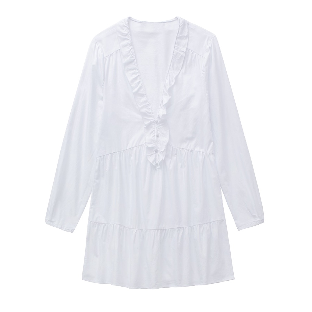 Midi Dress Wanita Polos Warna Putih Lengan Panjang Vintage Korean Style White Ruffle Dress