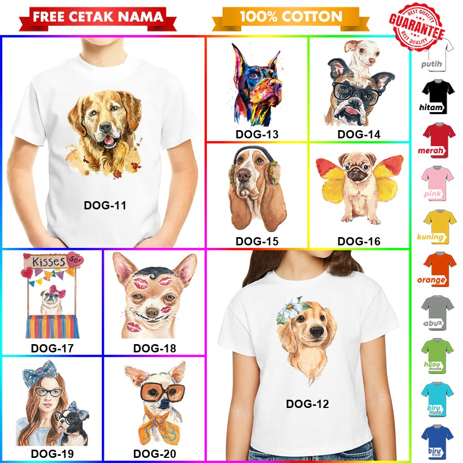 [FREE NAMA!!] Baju Kaos ANAK DAN DEWASA MOTIF ANJING DOG BANYAK MOTIF