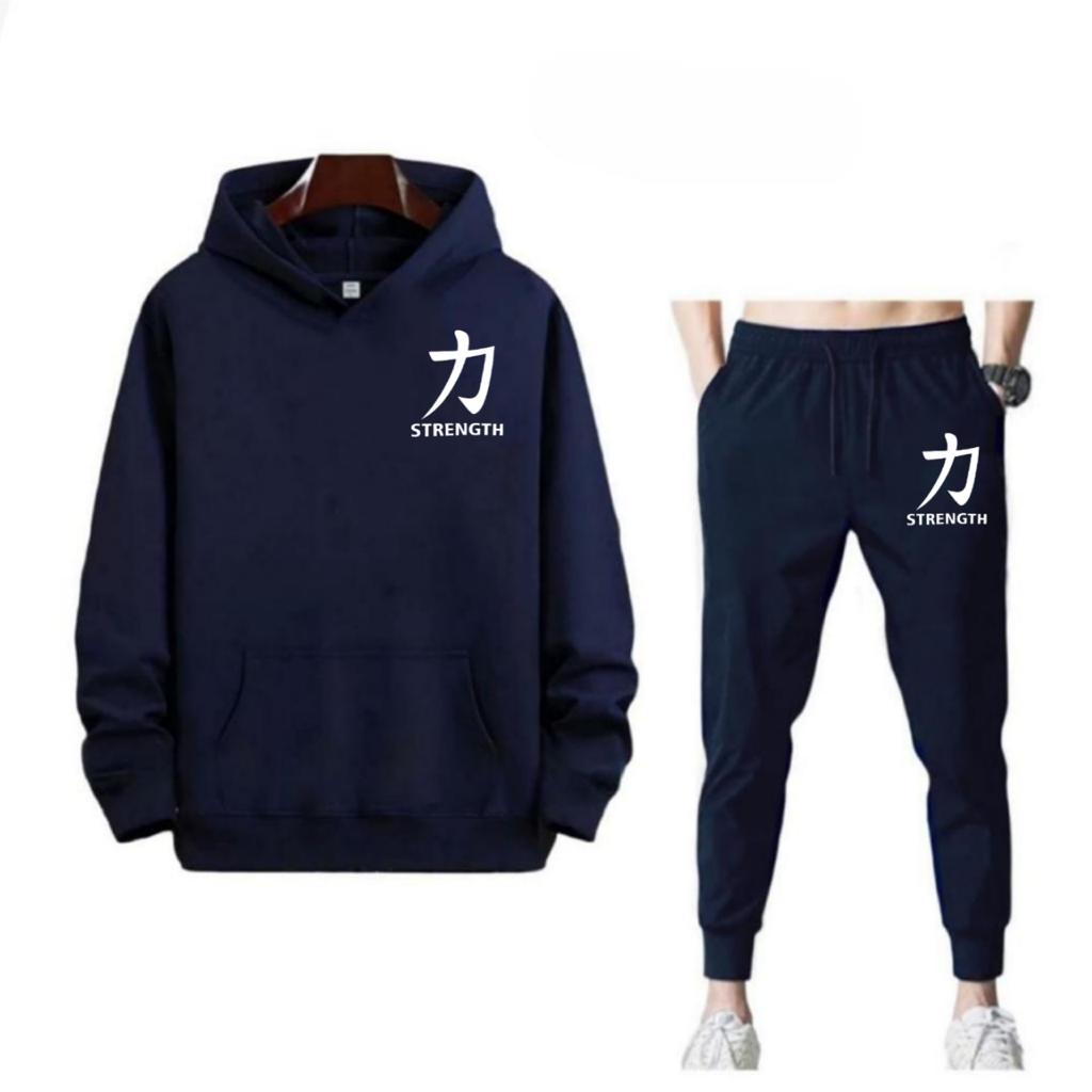 SETELAN STRENGTH TULISAN CINA JOGGER DAN HOODIE BAHAN TEBAL NYAMAN DIPAKAI TERLARIS