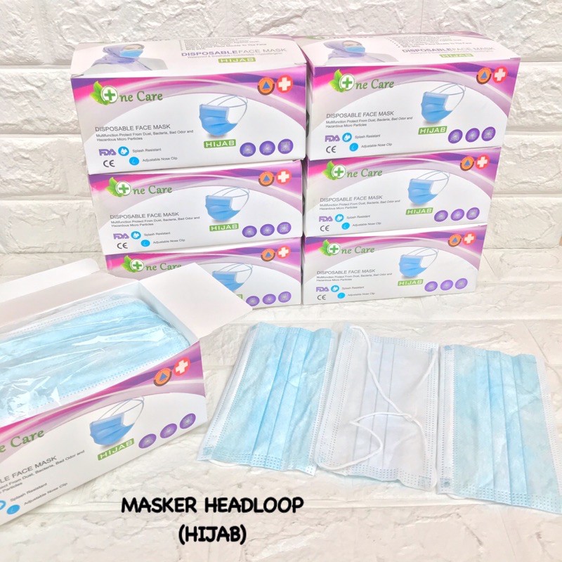 MASKER HIJAB EARLOOP BIRU 3PLY FACE MASK / MASKER NON MEDIS HEADLOOP CANTOL TELINGA