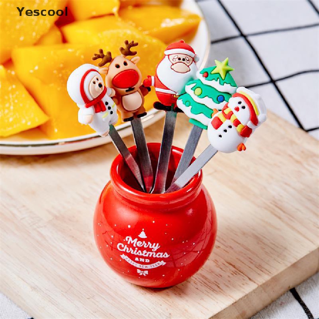 5pcs / Set Garpu Buah / Sayuran Salad Desain Kartun Santa Claus Bahan Stainless Steel