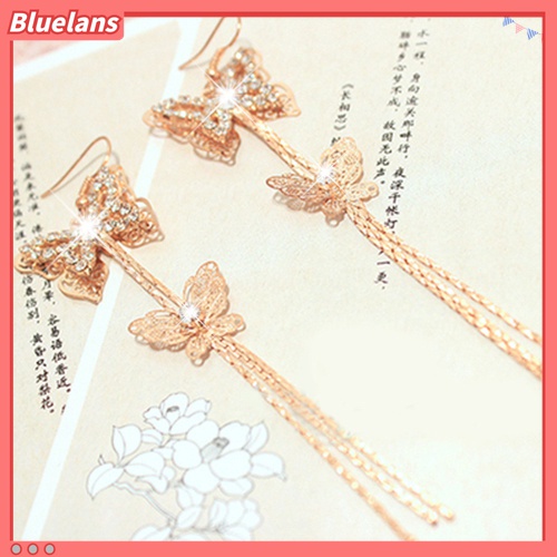 Anting Kait Rumbai Panjang Double Layer Bentuk Kupu-Kupu Aksen Berlian Imitasi Untuk Wanita