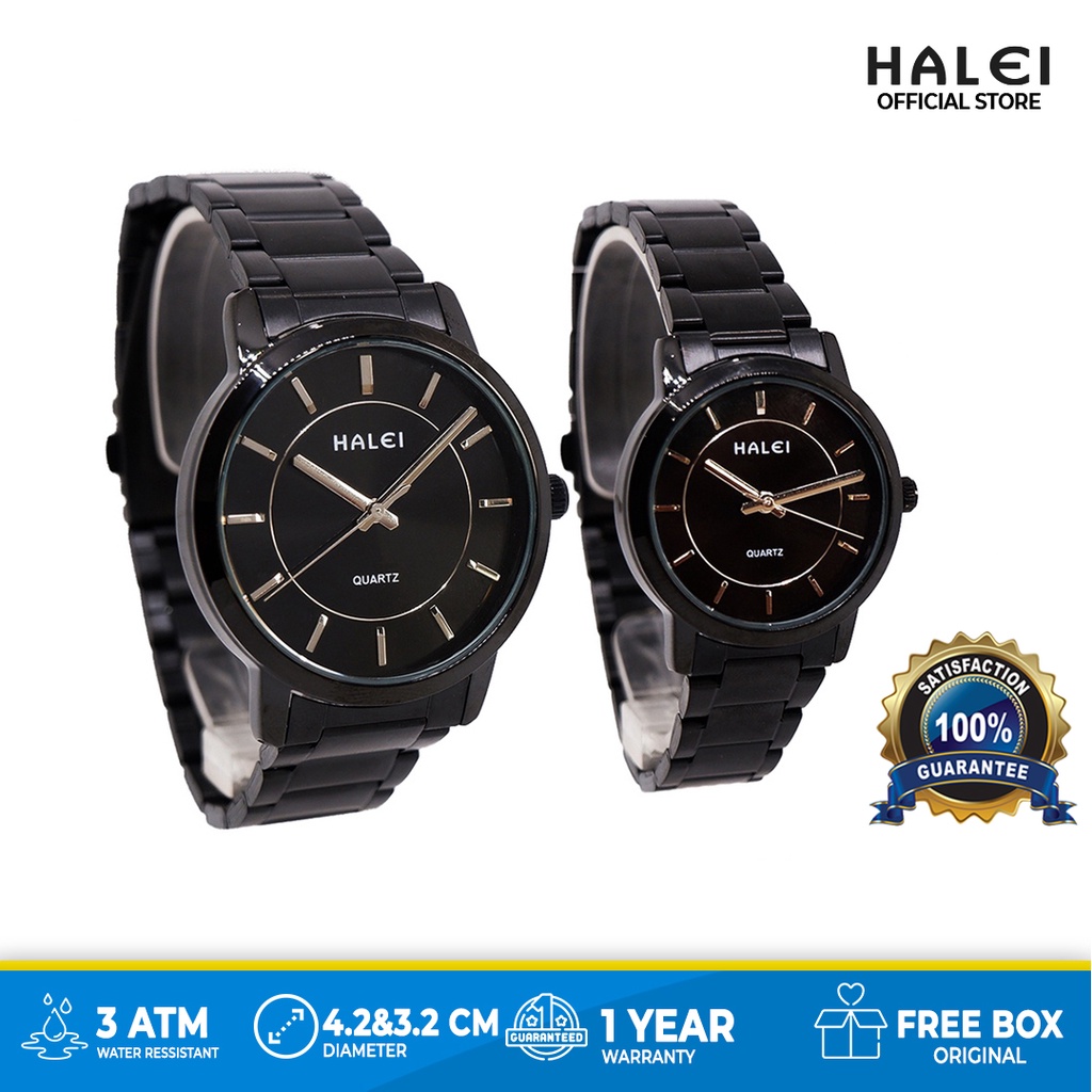 Halei watch Official Store Jam Tangan Analog Pasangan Hitam Mewah Elegan 504 Original Garansi 1