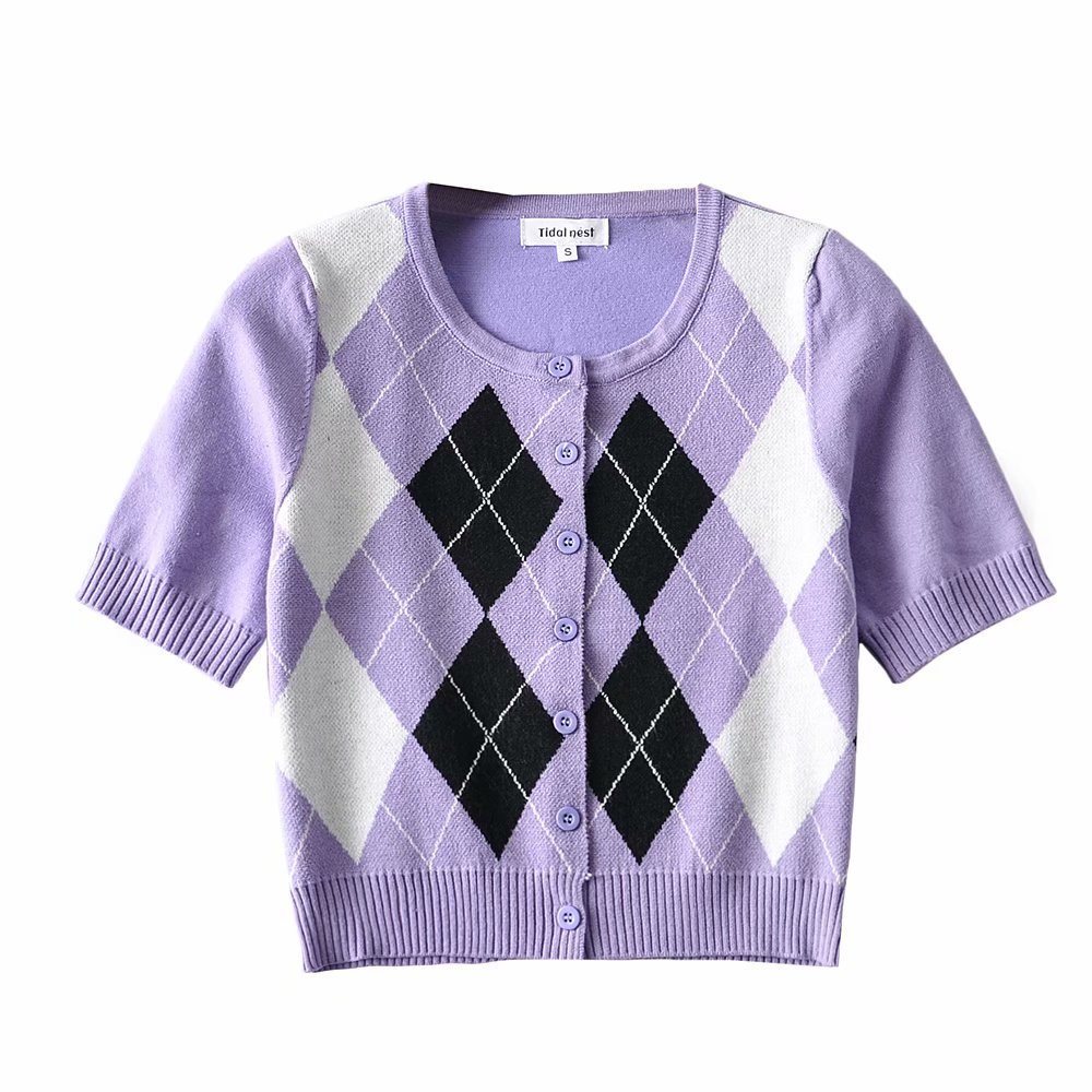[puerto.id ] Versi Korea dari crop top belah ketupat print knit cardigan-1