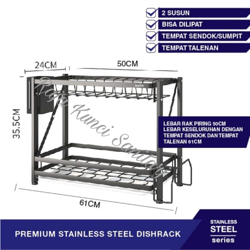 Rak Piring Portable/Rak Dapur/2 Susun/3 Susun/Stainless Steel Hitam/Black/61 cm