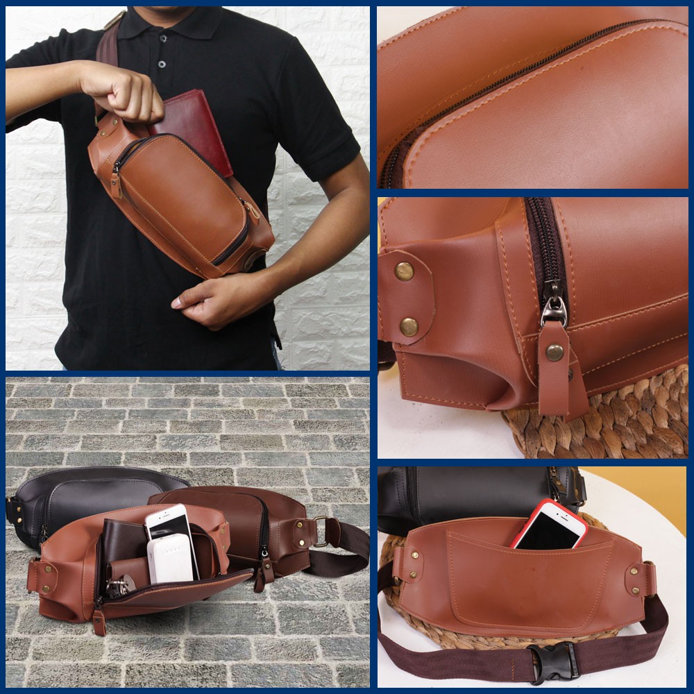 TAS SELEMPANG PRIA WAISTBAG COWOK MASKULIN KASUAL PAS BUAT HANGOUT BAHAN PU LEATHER TEBAL EWLO5