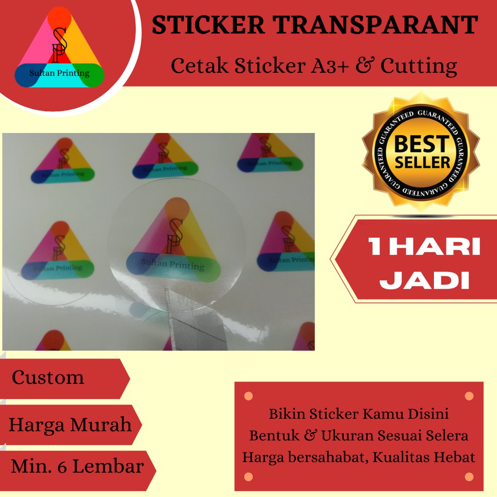 STIKER TRANSPARAN A3+ CETAK STIKER LABEL PRODUK KEMASAN + CUTTING A3+