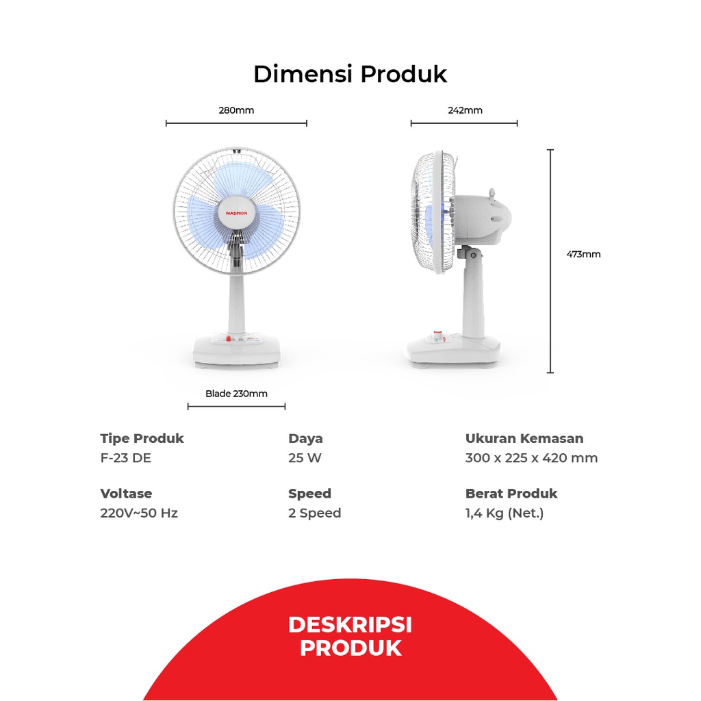 Maspion Kipas Angin Meja / Mini / Desk Fan F-23 9 Inch F23 F 23