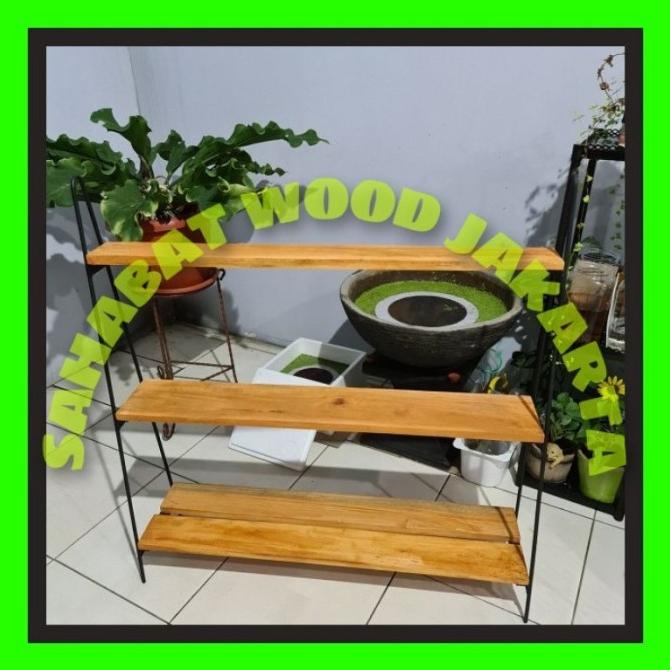 Rak Bunga Besi Kayu 3 Susun Minimalis Tempat Dekorasi Taman Rumah Rak Marketranti